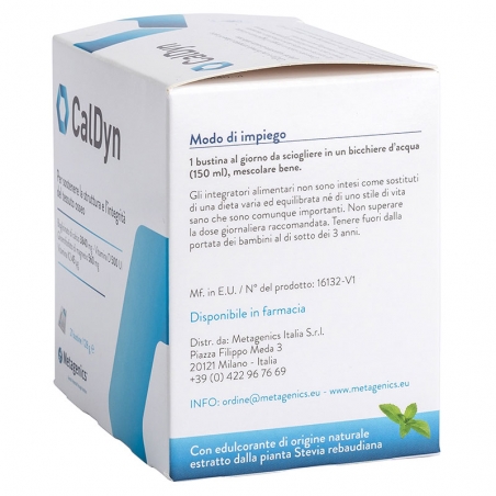 immagine della confezione integratore Caldyn, 21 bustine Metagenics, vista laterale con modo d'uso immagine della confezione integratore Caldyn, 21 bustine Metagenics, vista laterale con modo d'uso